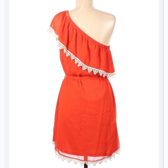 Charming Charlie Dresses & Skirts - Charming Charlie One Shoulder Minidress Orange White Crochet Trim Size Medium